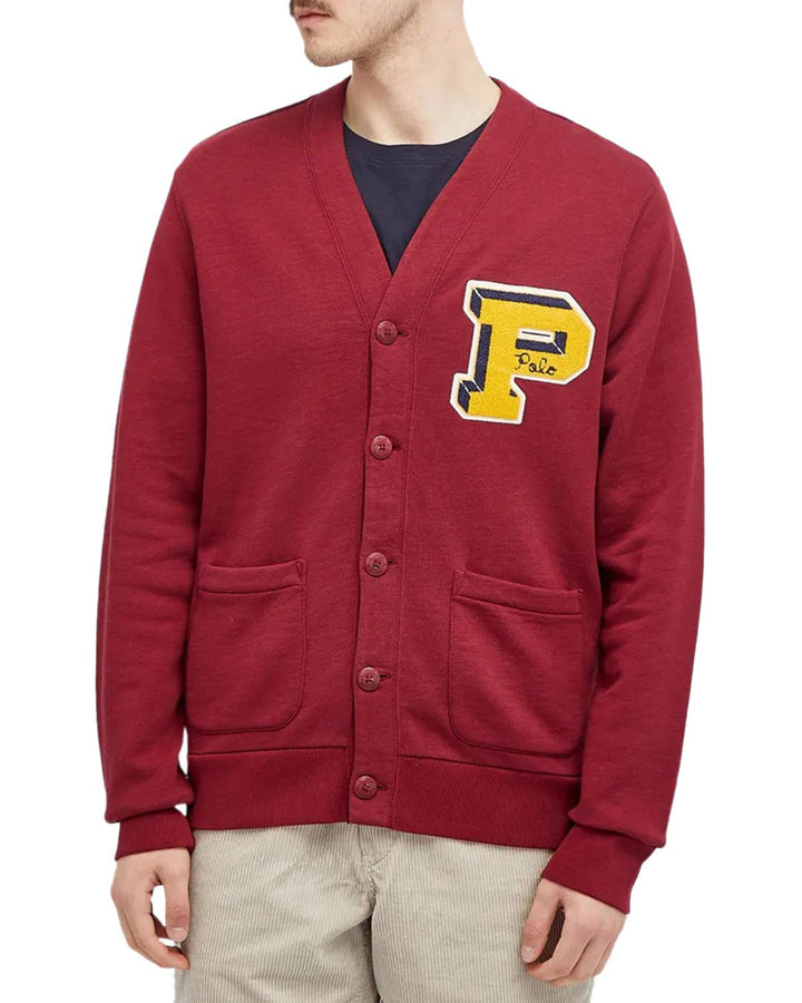 RALPH LAUREN MENS SLUB FLEECE LETTERMAN CARDIGAN RED CARPET-Designer Outlet Sales