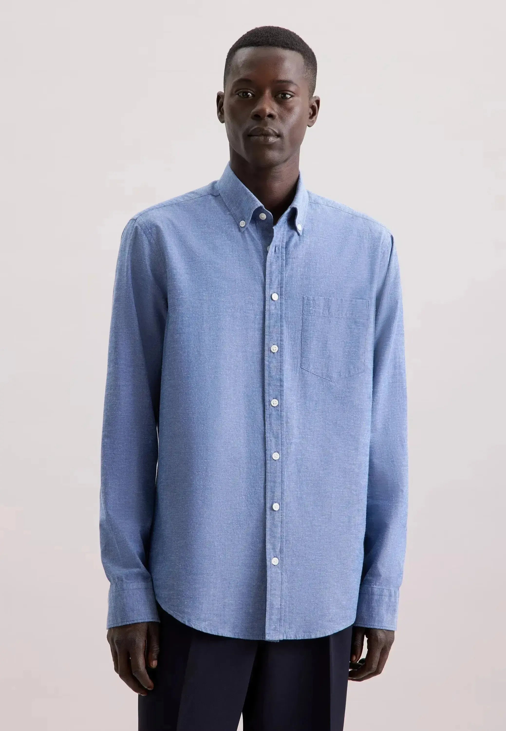 Seidensticker Mens Regular Fit Button Down Linen Blend Chambray Shirt Mid Blue – 01.146702-16-38 | Studio DOS by Designer Outlet Sales