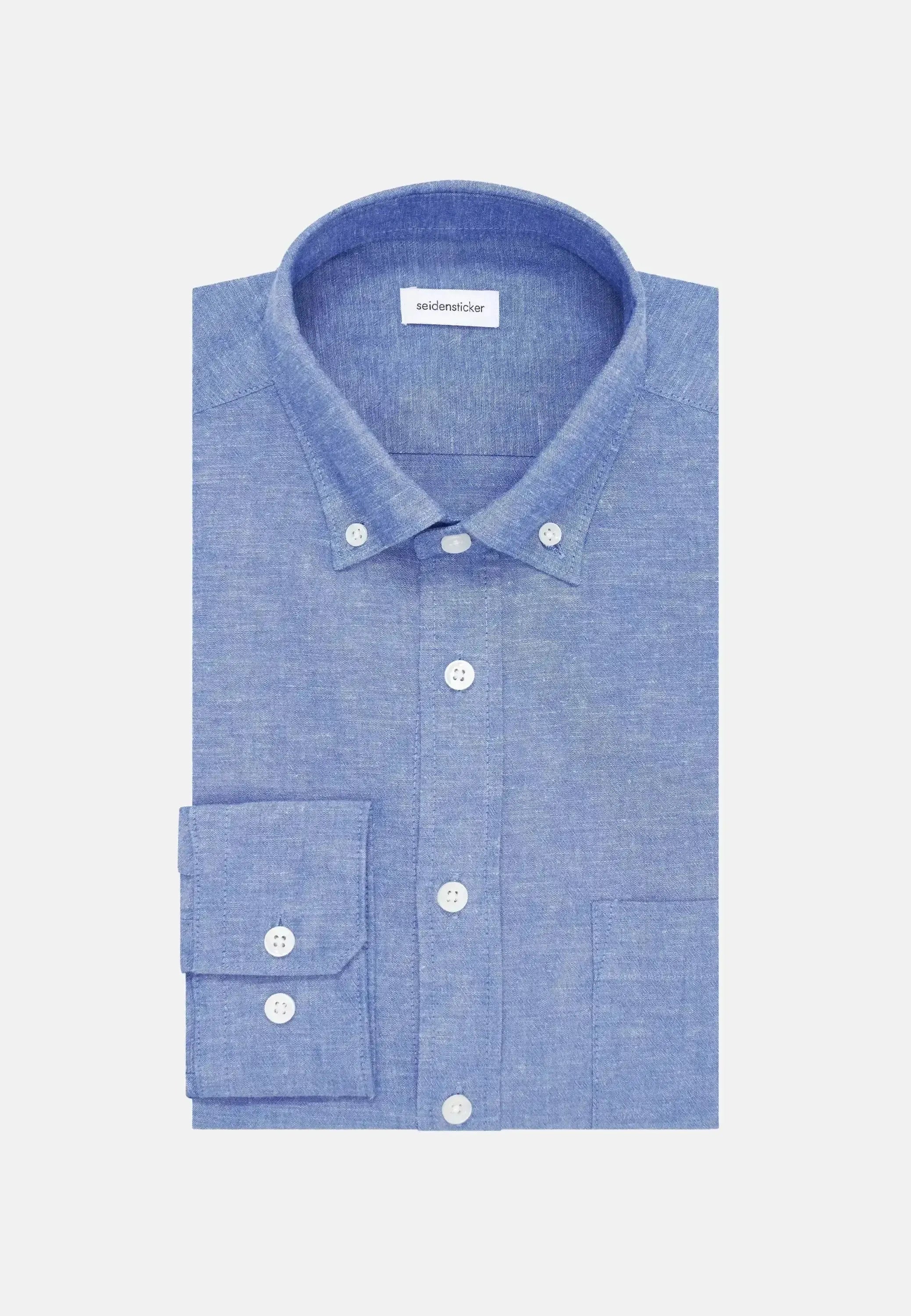 Seidensticker Mens Regular Fit Button Down Linen Blend Chambray Shirt Mid Blue – 01.146702-16-38 | Studio DOS by Designer Outlet Sales