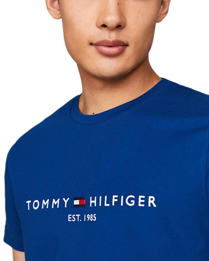 TOMMY HILFIGER MENS LOGO EMBROIDERY SLIM T-SHIRT ANCHOR BLUE-Designer Outlet Sales