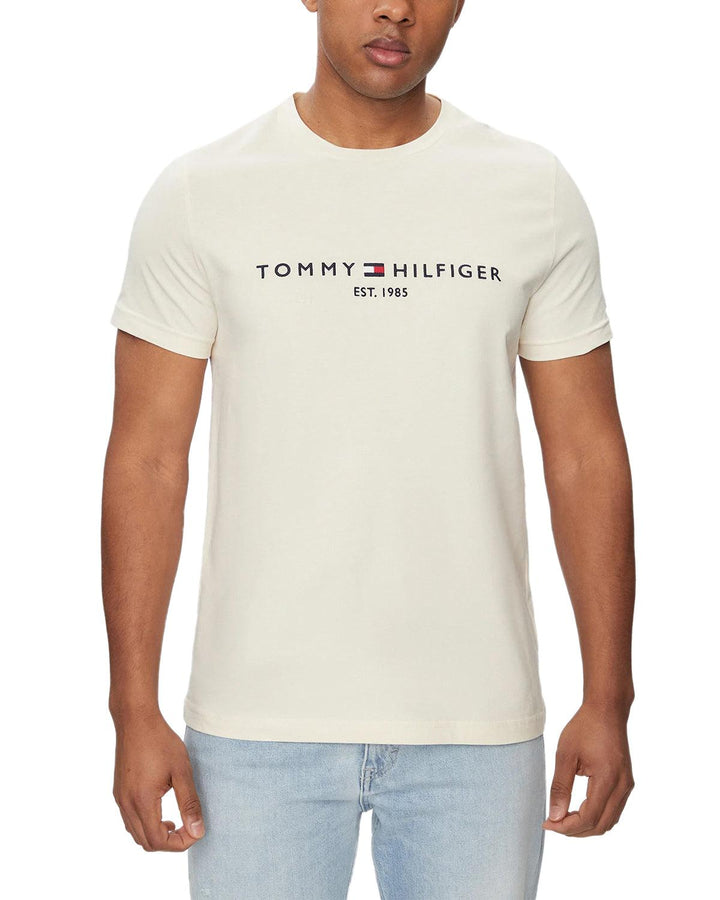 TOMMY HILFIGER MENS LOGO EMBROIDERY SLIM T-SHIRT ECRU-Designer Outlet Sales