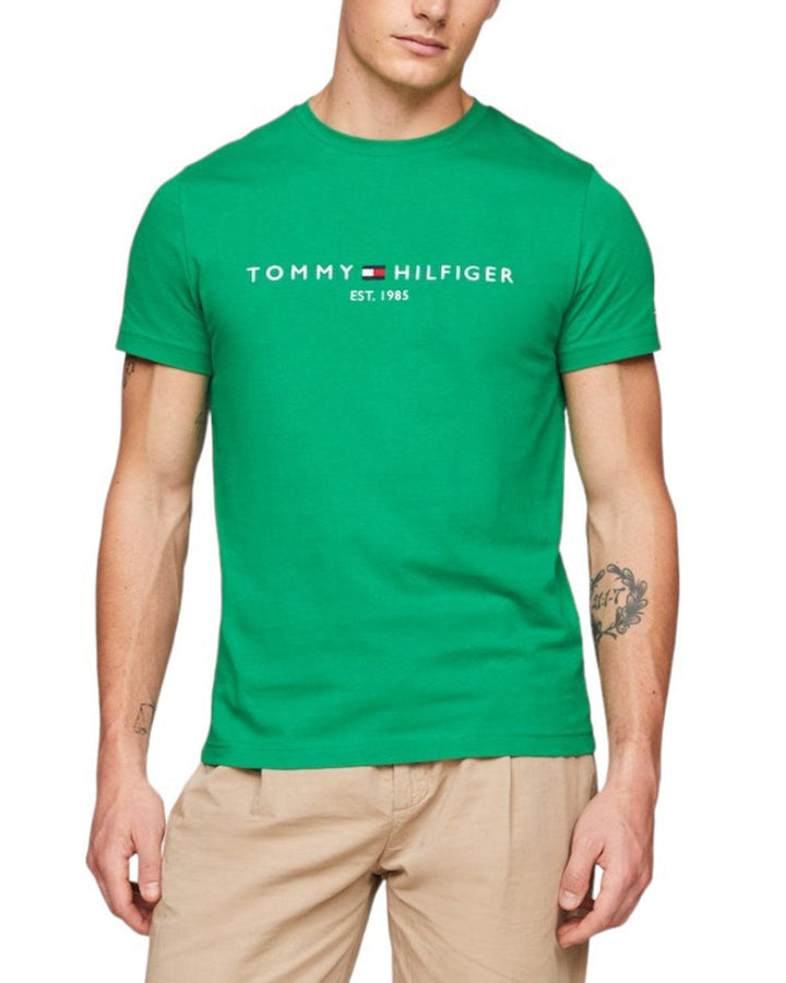 TOMMY HILFIGER MENS LOGO EMBROIDERY SLIM T-SHIRT SHADE GREEN-Designer Outlet Sales