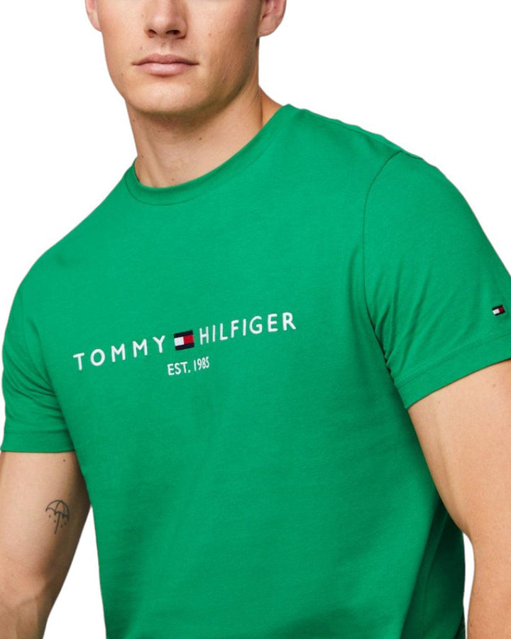 TOMMY HILFIGER MENS LOGO EMBROIDERY SLIM T-SHIRT SHADE GREEN-Designer Outlet Sales