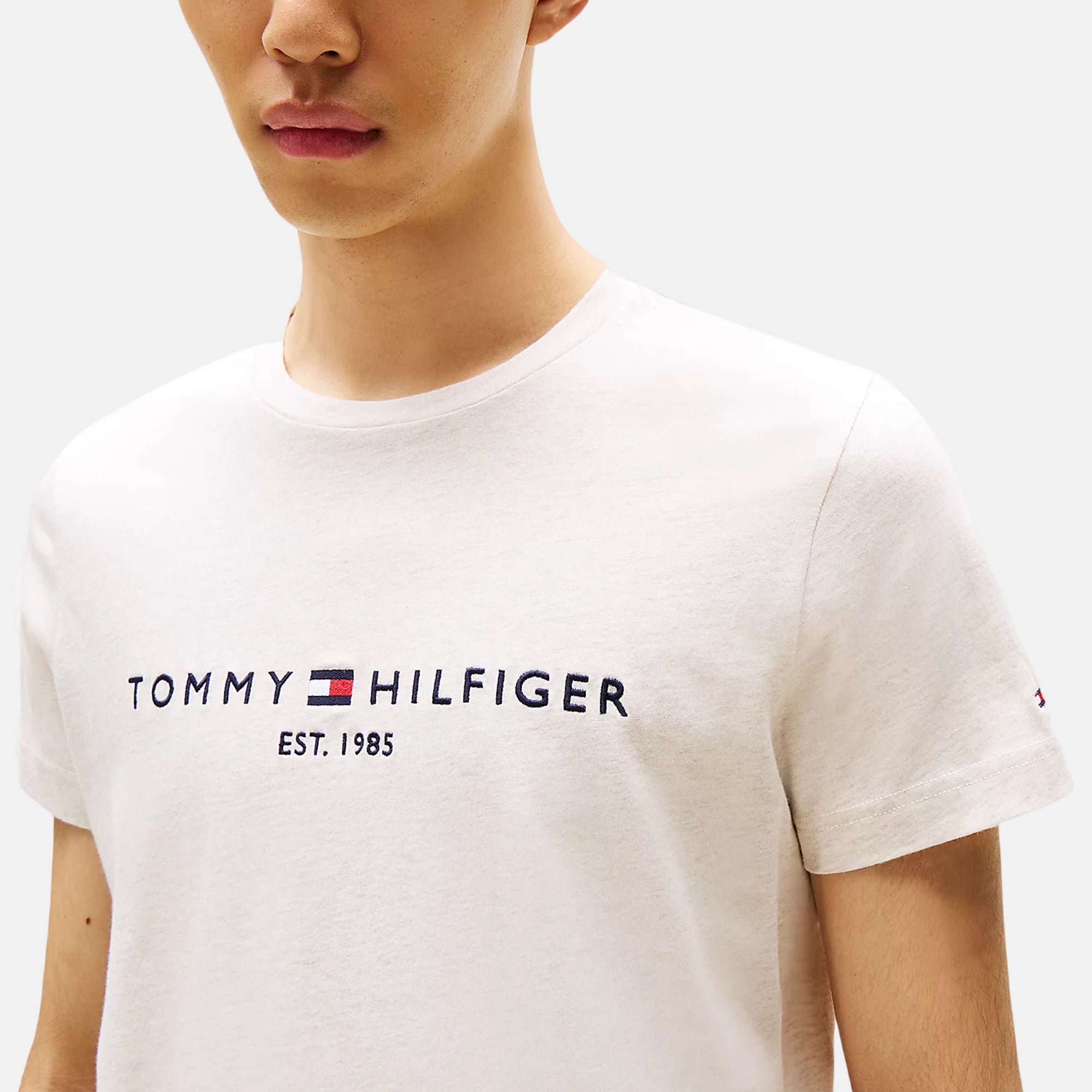 Tommy Hilfiger Mens Slim Logo Embroidery T-Shirt Heathered Oatmilk – SPR246-S | Studio DOS by Designer Outlet Sales