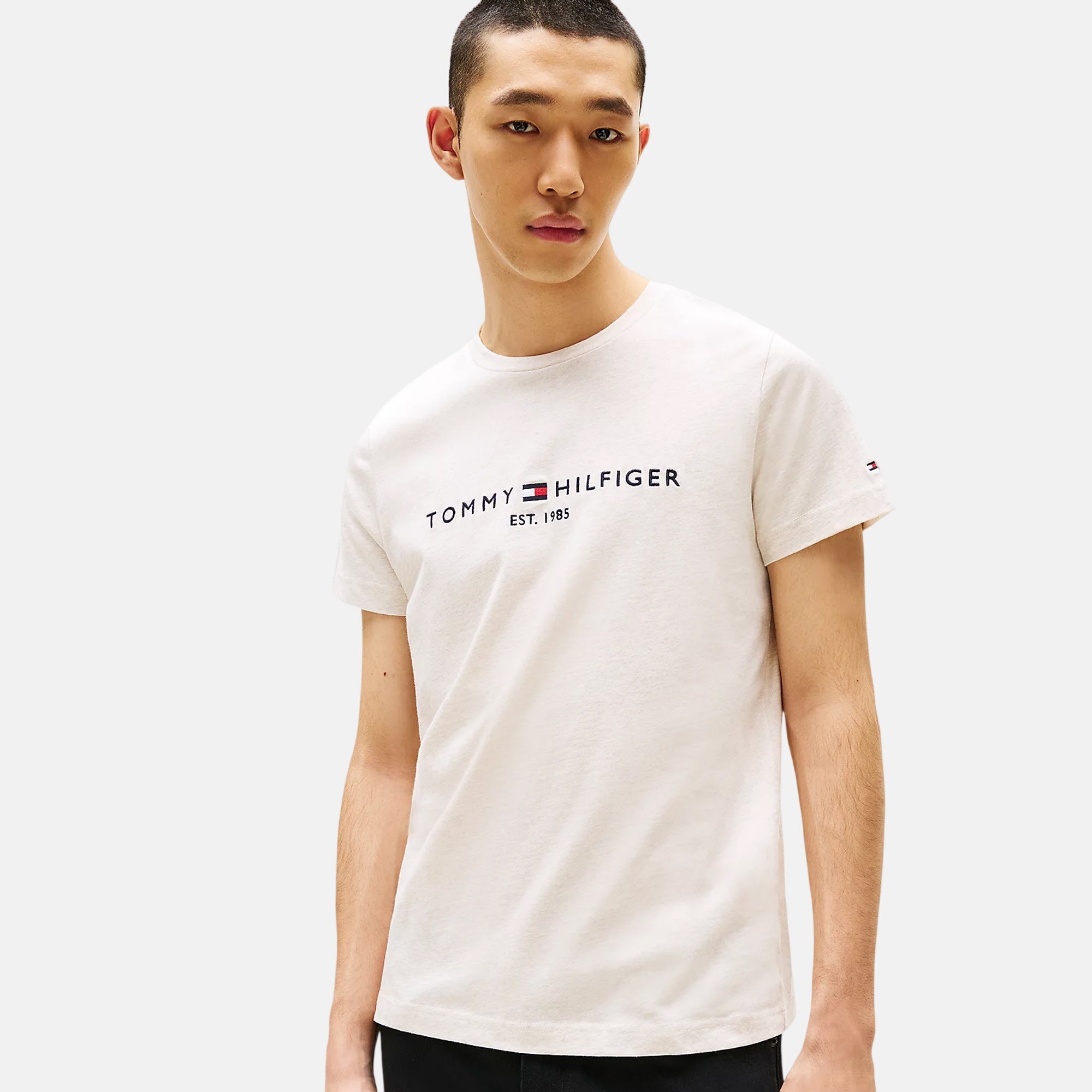 Tommy Hilfiger Mens Slim Logo Embroidery T-Shirt Heathered Oatmilk – SPR246-S | Studio DOS by Designer Outlet Sales