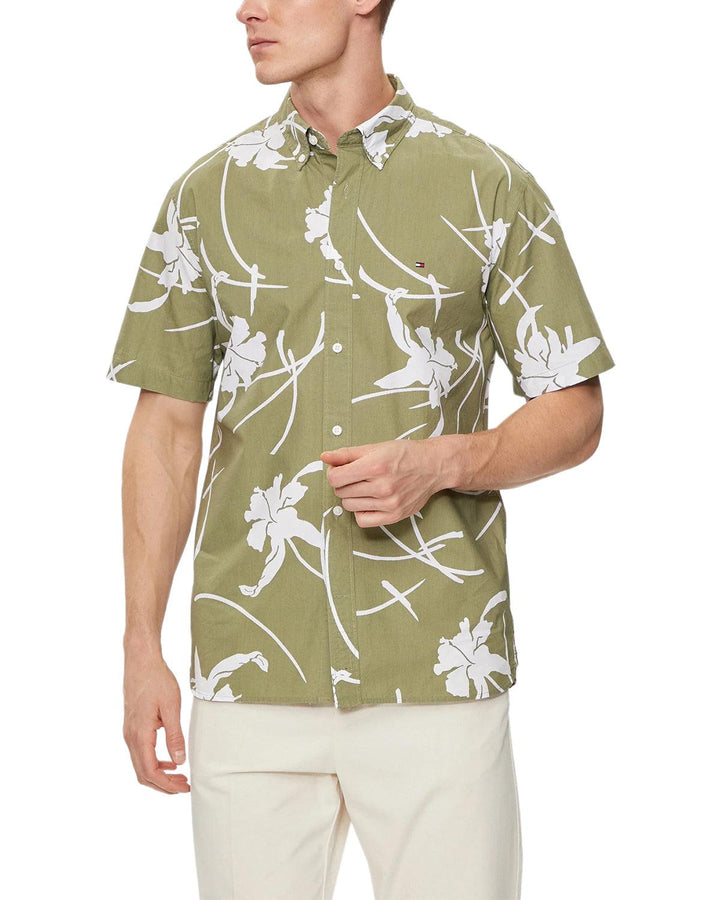 TOMMY HILFIGER MENS TJ TROPICAL PRINT SHIRT FADED OLIVE-Designer Outlet Sales