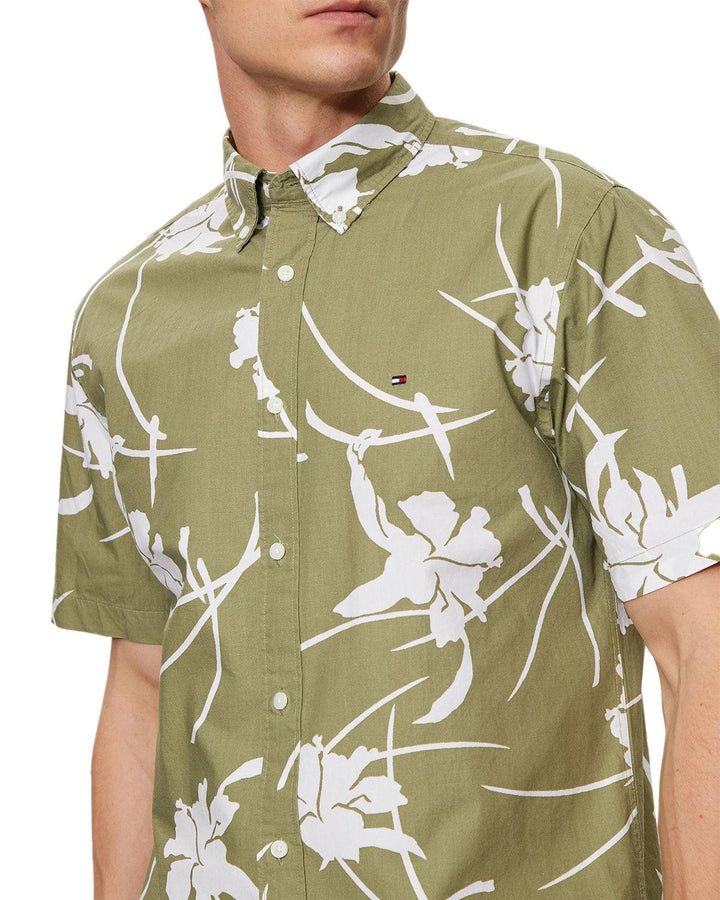 TOMMY HILFIGER MENS TJ TROPICAL PRINT SHIRT FADED OLIVE-Designer Outlet Sales