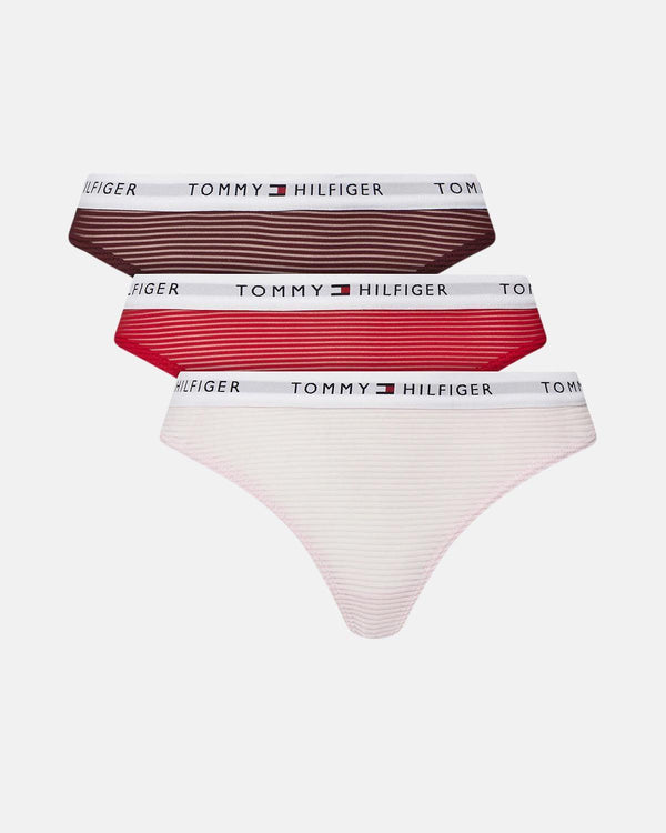 TOMMY HILFIGER WOMENS 3 PACK MESH THONGS PINK DEEP ROUGE CRIMSON-Designer Outlet Sales