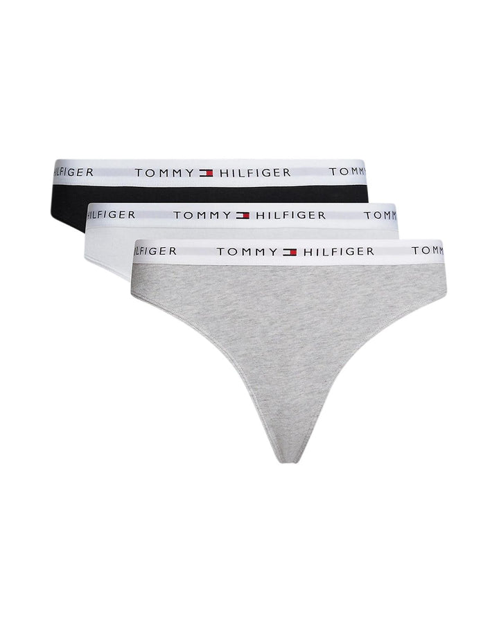 TOMMY HILFIGER WOMENS 3 PACK THONGS BLACK WHITE GREY-Designer Outlet Sales