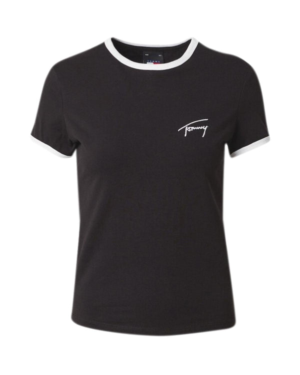 TOMMY HILFIGER WOMENS TJ SCRIPT RINGER T-SHIRT BLACK-Designer Outlet Sales