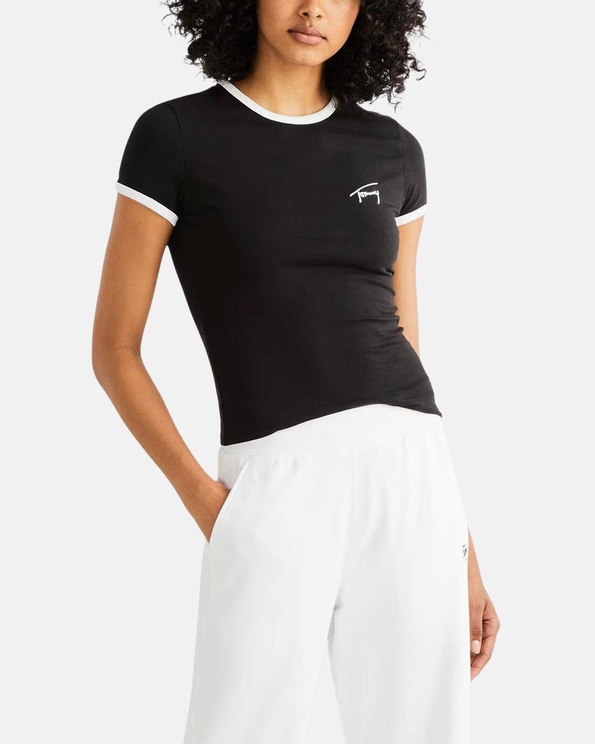 TOMMY HILFIGER WOMENS TJ SCRIPT RINGER T - SHIRT BLACK – TOMMY-HILFIGER-DW0DW17377-BDS-XS | Studio DOS by Designer Outlet Sales