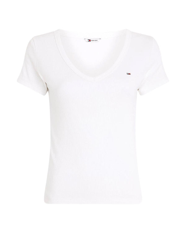 TOMMY HILFIGER WOMENS TJW ESSENTIAL V-NECK SLIM FIT T-SHIRT WHITE-Designer Outlet Sales