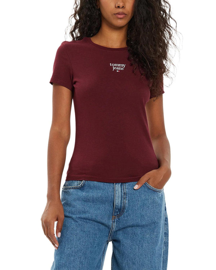 TOMMY HILFIGER WOMENS TJW SLIM ESSENTIAL LOGO T-SHIRT BORDEAUX-Designer Outlet Sales