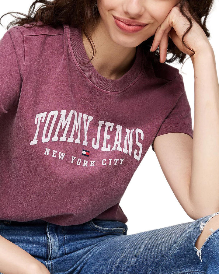 TOMMY HILFIGER WOMENS TJW VARSITY LOGO T-SHIRT DEEP ROUGE-Designer Outlet Sales